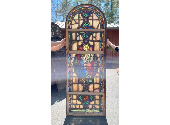 LARGE ANTIQUE  ARCHED STAINED GLASS WINDOW. EARLY 20TH CENTURY