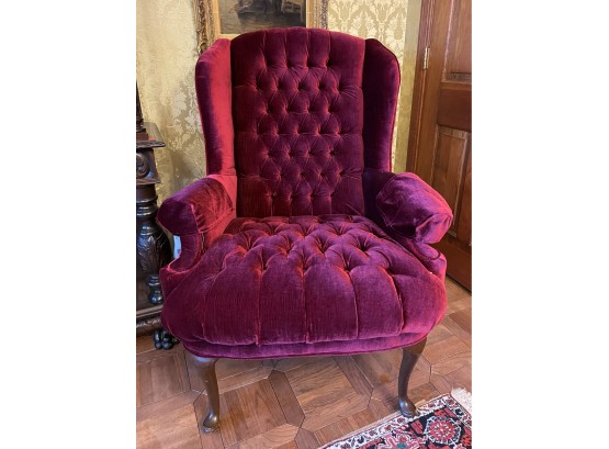 RED VELVET TUFTED ANTIQUE ARMCHAIR 43' T X 32' W X 28' DEEP X 18' HEIGHT TO SEAT X 22' SEAT DEPTH