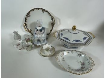 VINTAGE PORCELAIN GROUPING INCLUDES RS PRUSSIA TEACUP, SHELLY TEACUP, LIMOGE SERVING PIECES 10' AND SMALLER