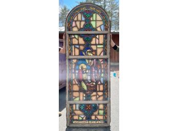 LARGE ANTIQUE  ARCHED STAINED GLASS WINDOW. EARLY 20TH CENTURY. EACH OF THESE WINDOWS WAS REMOVED FROM A LOCAL