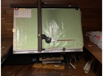 MIDCENTURY INDUSTRIAL DRAFTING TABLE WITH ATTACHED METAL DESK