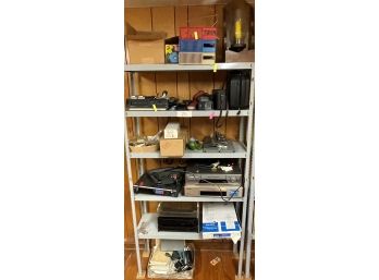 LARGE SHELF LOT OF ELECTRONICS, OFFICE SUPPLIES, ETC. (SHELVING NOT INCLUDED)