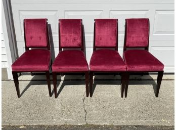 A SET OF 4 STYLISH  MAHOGANY SIDE CHAIRS WITH RED VELVET UPHOLSTERY