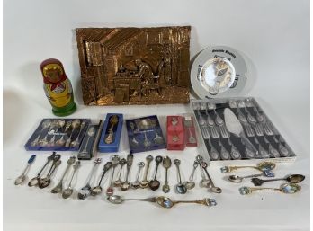 LOT OF COLLECTORS SPOONS, A FEW STERLING SILVER, A RUSSIAN NESTING DOLL AND A COPPER PLAQUE