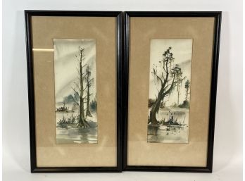 A PAIR OF SIGNED OF WATERCOLOR LANDSCAPES 15' X 6' SIGHT, 23' X 13' FRAMED