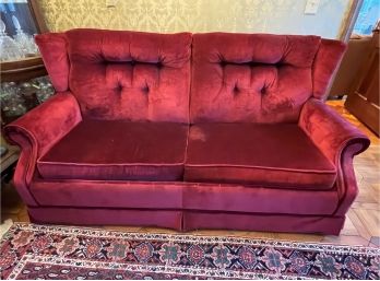 A VINTAGE RED VELVET SOFA BED 70' LONG X 36' WIDE X 36' TALL