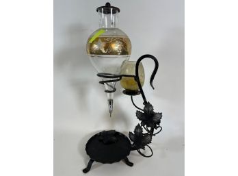 ANTIQUE GLASS WINE DECANTER W/ WROUGHT IRON STAND