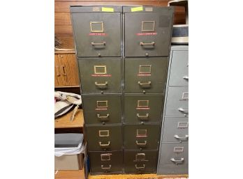 TWO LARGE 1950S GREEN STEEL FILING CABINETS 14' X 25' X 63' EACH