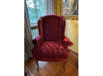 RED VELVET TUFTED ANTIQUE ARMCHAIR 43' T X 32' W X 28' DEEP X 18' HEIGHT TO SEAT X 22' SEAT DEPTH