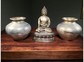 Three Pieces Antique Bronze / Brass ? Buddha With Two Oil Jars - Three Piece For One Bid - GREAT LOT !