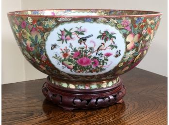 Beautiful Rose Canton Bowl With Wood Stand - Highly Decorated - Very Pretty Piece - Great Colors