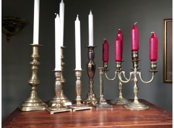 Grouping Of All High Quality / Antique Brass Candlesticks - Including Early Pushup Type  GREAT LOT