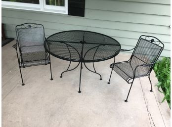 Very Nice Vintage Wrought Iron Table And Two Chairs - Chairs Have Scallop Shell Motif - High Quality