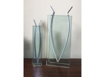 Beautiful &  Very Unusual Ultra Modern Vases - Metal & Glass - Matching - One Big - One Small - VERY COOL !