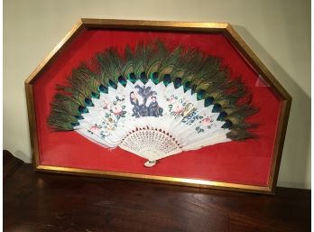 Gorgeous Large Japanese Framed Fan - All Hand Made - Hand Painted With Peacock Feathers In Display Case
