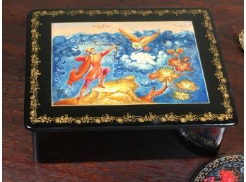 Beautiful All Hand Painted Russian Lacquer Box Along With Hand Painted Holiday Ornament