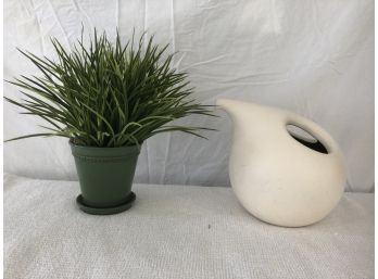 Unusual Pottery Watering Pot And Decorative Grass