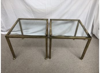 Mid Century Pair Of Side Tables On Casters In Brass Finish