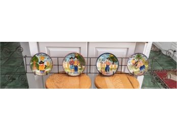Four Farm Themed Portuguese Hand Painted Ceramic Plates On Forged Metal Wall Bracket