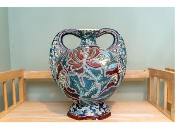 Unusual Two Handled Oriental Vessel With Intricate Painted Enamel Design