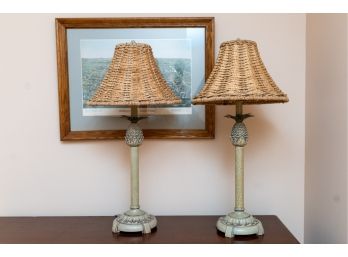 Pineapple Motif Table Lamps With Wicker Shades - A Pair