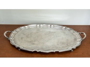 28' Silver Plate Two Handle Serving Platter W Scalloped Edge And Engraved Scroll Leaf Design