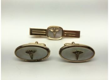 Vintage Medical 'caduceus' Cufflinks And Tie Clip W/ Mother Of Pearl