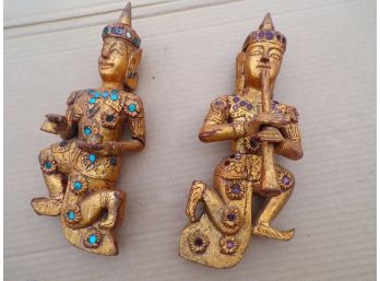 Two Hindu Wall Statues One With Horn And Other With Drum
