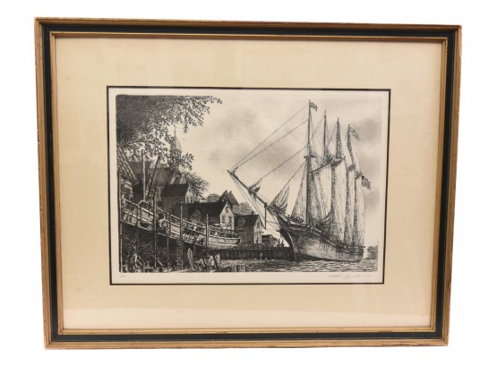 Framed Signed Alan Jays Gaines (American, 20th Century) Etching 'The Schooner William L. White'