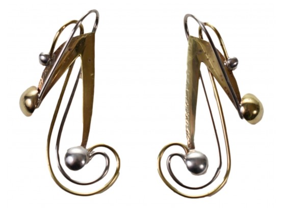 Russell Ferrell Modernist Signed Mixed Metal Pierced Earrings In The Shape Of Musical Notes