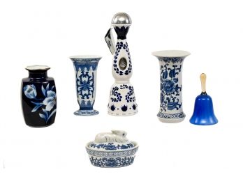 Decorative Blue And White Tabletop Vases, Decanter, Bell And More