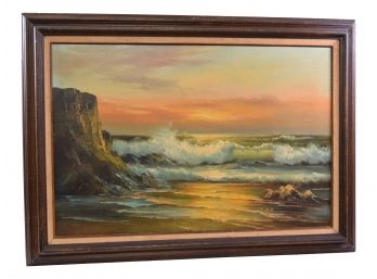 Signed Framed Oil On Canvas Of A Beautiful Sunset Beach Scene