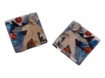 Pair Of Artisan Enamel And Silver Pierced Earrings With Moonstones