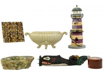 Royal Copenhagen Fajance Tile, Cast Iron Footed Pot, Wooden Lighthouse, Stone Ashtray And More