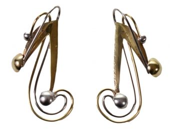 Russell Ferrell Modernist Signed Mixed Metal Pierced Earrings In The Shape Of Musical Notes