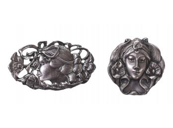 Pair Of Art Nouveau Style Pewter Brooches / Pendants