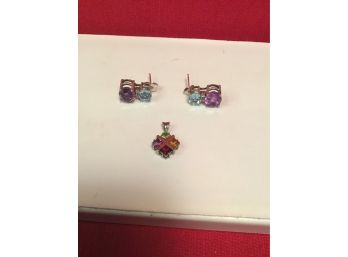 Gem Stone And Sterling Silver Ear Rings And Pendant