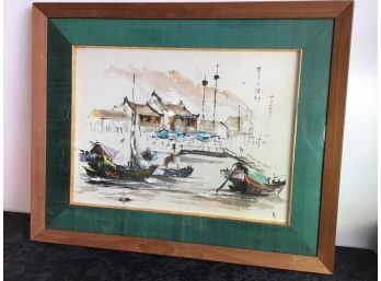 Asian Boats In Harbor Painting