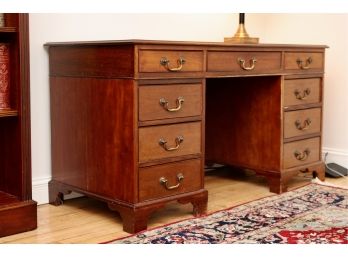 Antique Red Leather Top Executive Desk With Brass Hardware