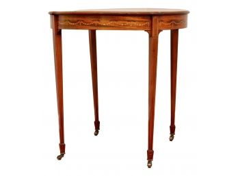 Fine Antique American Marquetry Inlaid Round Side Table / Game Table On Casters