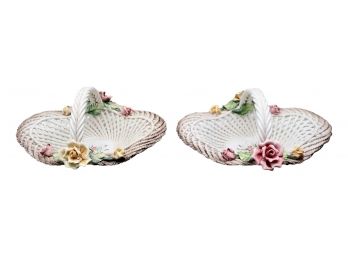 Pair Of CAPO DI MONTE Porcelain Roses Baskets