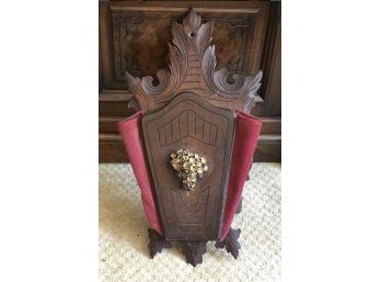 Victorian Carved Wood And Velvet Wall Pocket