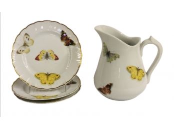 L. Bernardaud Limoges Butterfly  Pitcher And 3 Plates