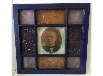 Antique Stain Glass Portrait William McKinley, Amethyst & Amber Glass.