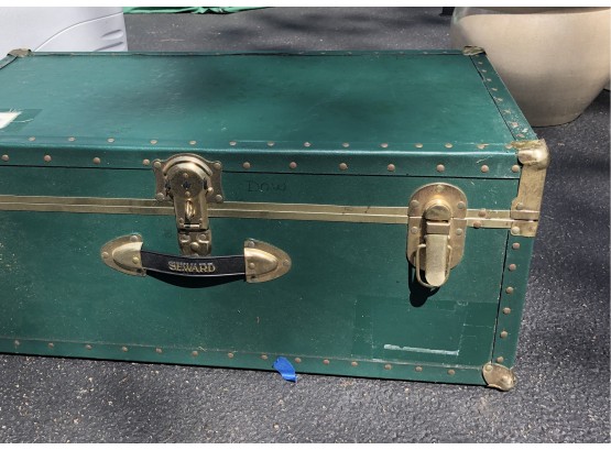 Large Green Trunk With Leather Handle And Brass Hardware