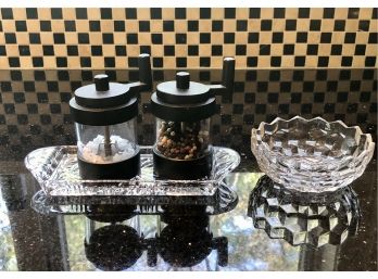 Grouping Of Salt And Pepper Shakers, Glass Butter Dish, And 1  Candy Dish