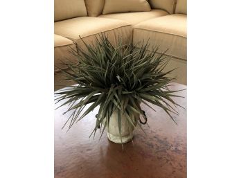 Faux Spiky Plant In A Rustic Clay Vase With Rings On Side