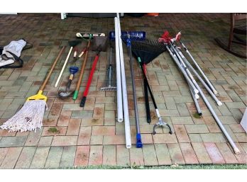 Collection Of Miscellaneous Home And Garden Tools, Mops, Snow Rake, PVC Pipes