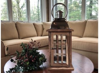 Tall Wooden Lantern With Silver Hardware Plus Small Faux Ivy In Metal Tin