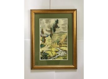 Large Framed And Matted Watercolor Of A Mountain Scene Signed By Artist